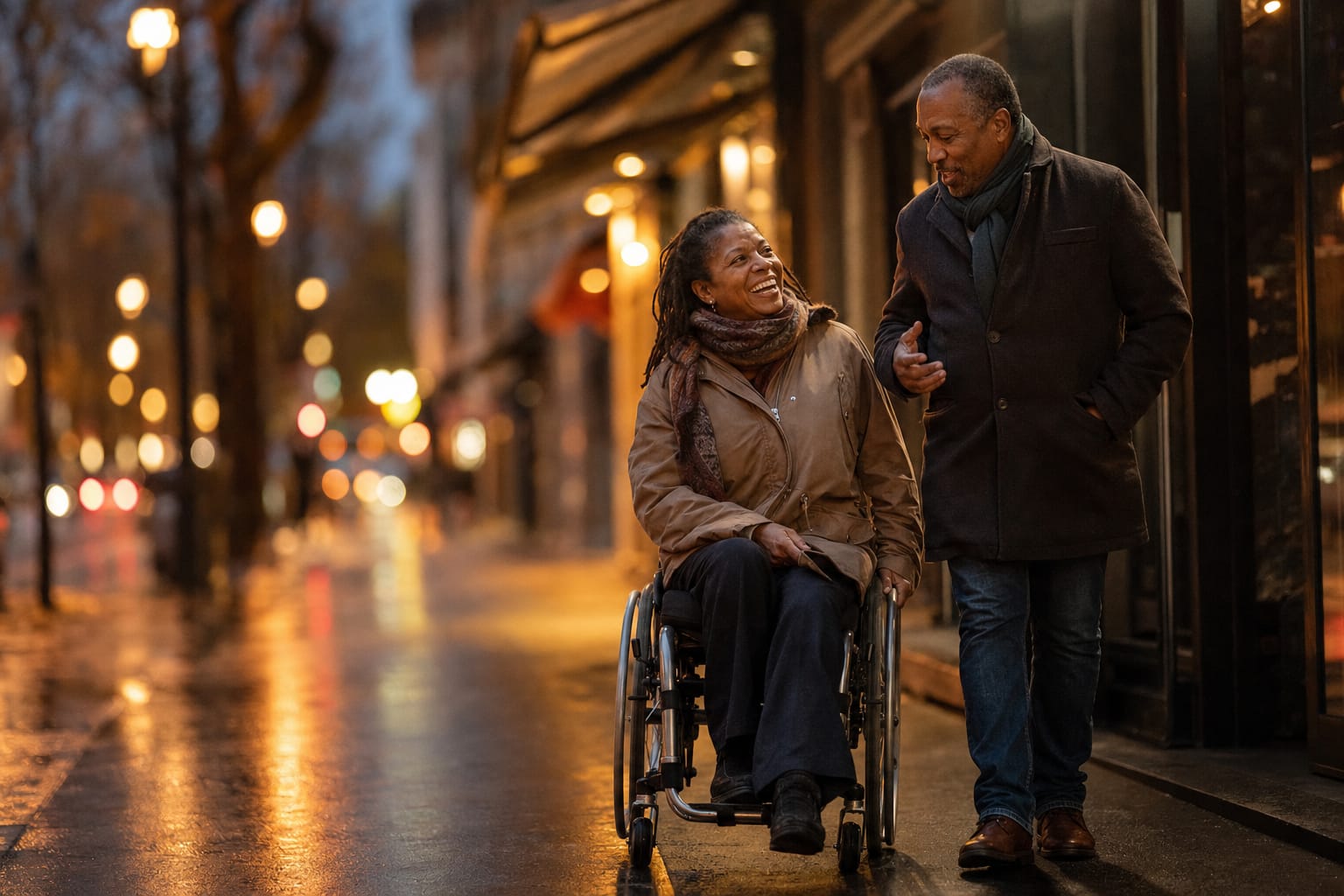 Une femme en fauteuil roulant manuel et un homme marchent côte à côte dans une rue commerçante, le soir, en riant sous les lumières chaudes des vitrines.