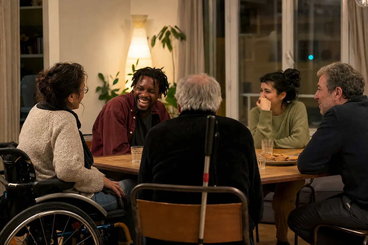 Cinq personnes de 28 à 68 ans dînent et rient autour d'une table : l'une est en fauteuil roulant, une canne blanche est posée contre une chaise, les autres n'ont aucun signe visible de handicap.